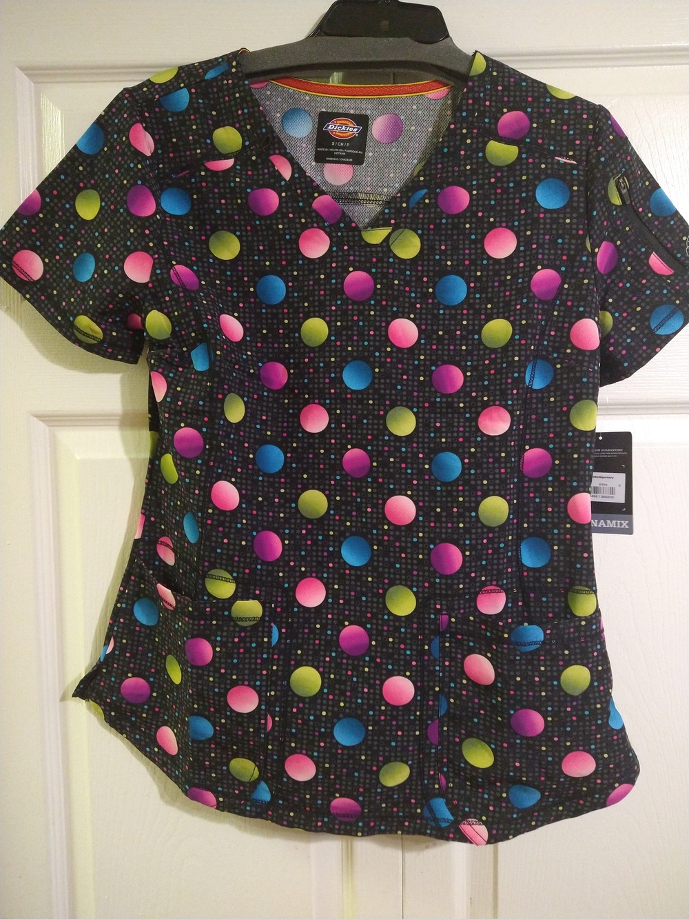 Dickies Black V-Neck Scrub Top with Pink, Blue, Green Polka Dots
